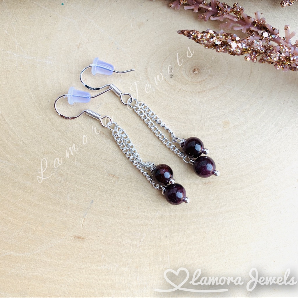 Garnet Gemstone Silver Drop Earrings Jewelry
